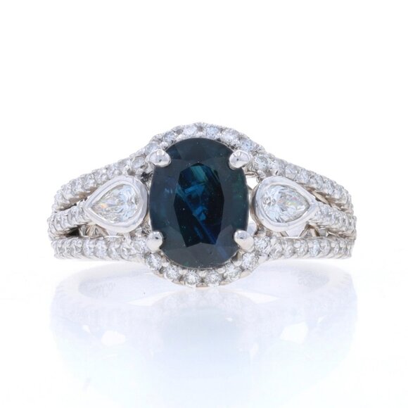 White Gold Sapphire & Diamond Halo Ring - 14k Oval 3.26ctw Engagement